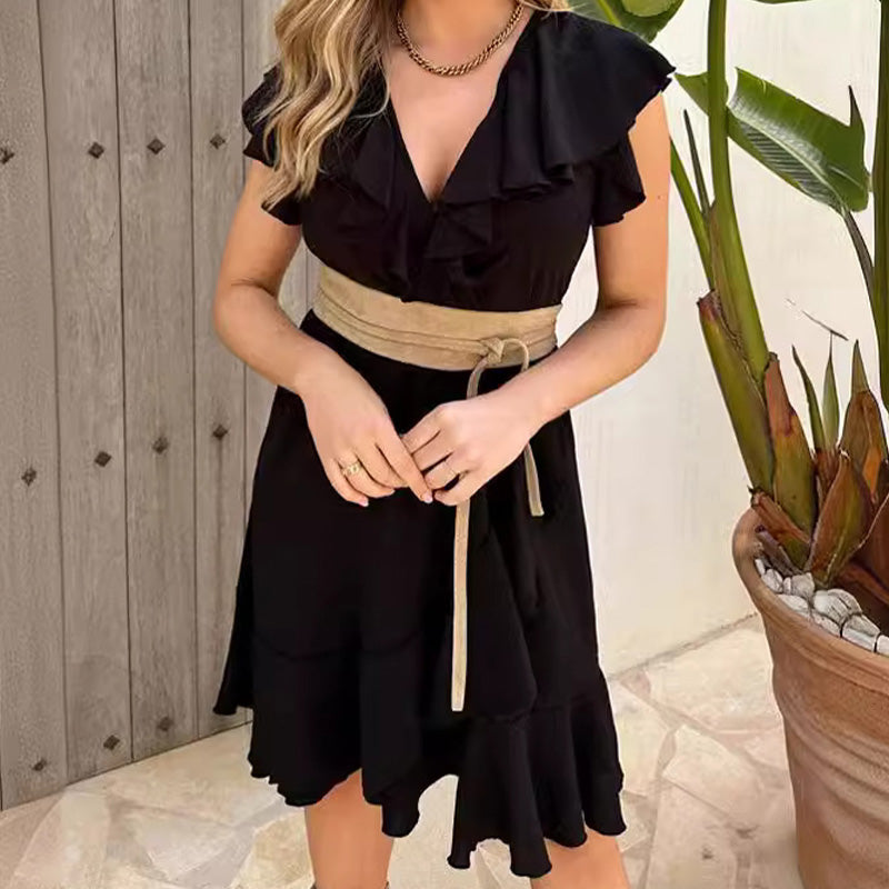 RaffinaLuce Elegant V-Neck Dress with Bow Waist & Ruffles