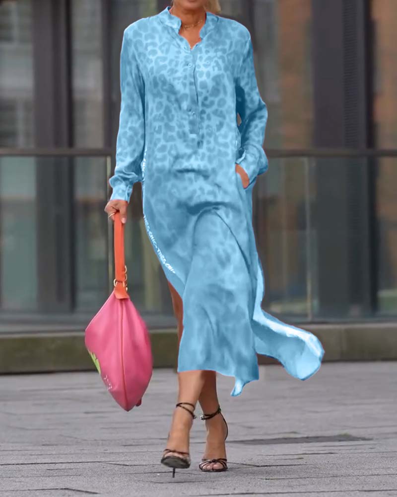 WildMuse™ Leopard Split Long Sleeve Maxi Dress