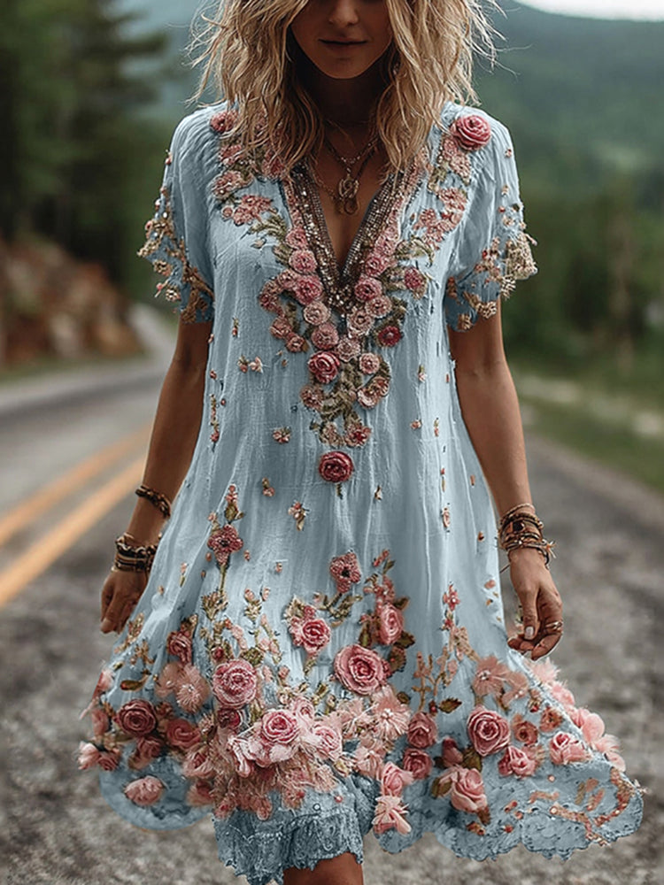 Vintage Floral Embroidered Short Sleeve Dress 🌸👗✨