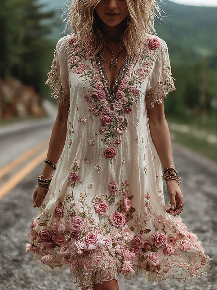 Vintage Floral Embroidered Short Sleeve Dress 🌸👗✨