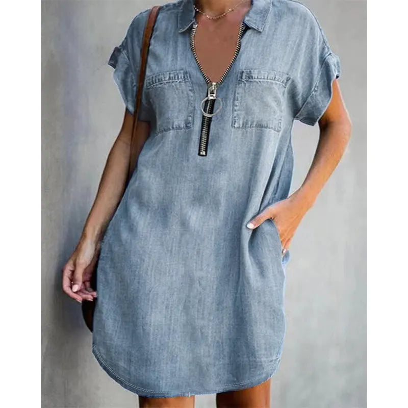 Loose denim shirt dress for women – a dress with a collar, front zipper and pockets