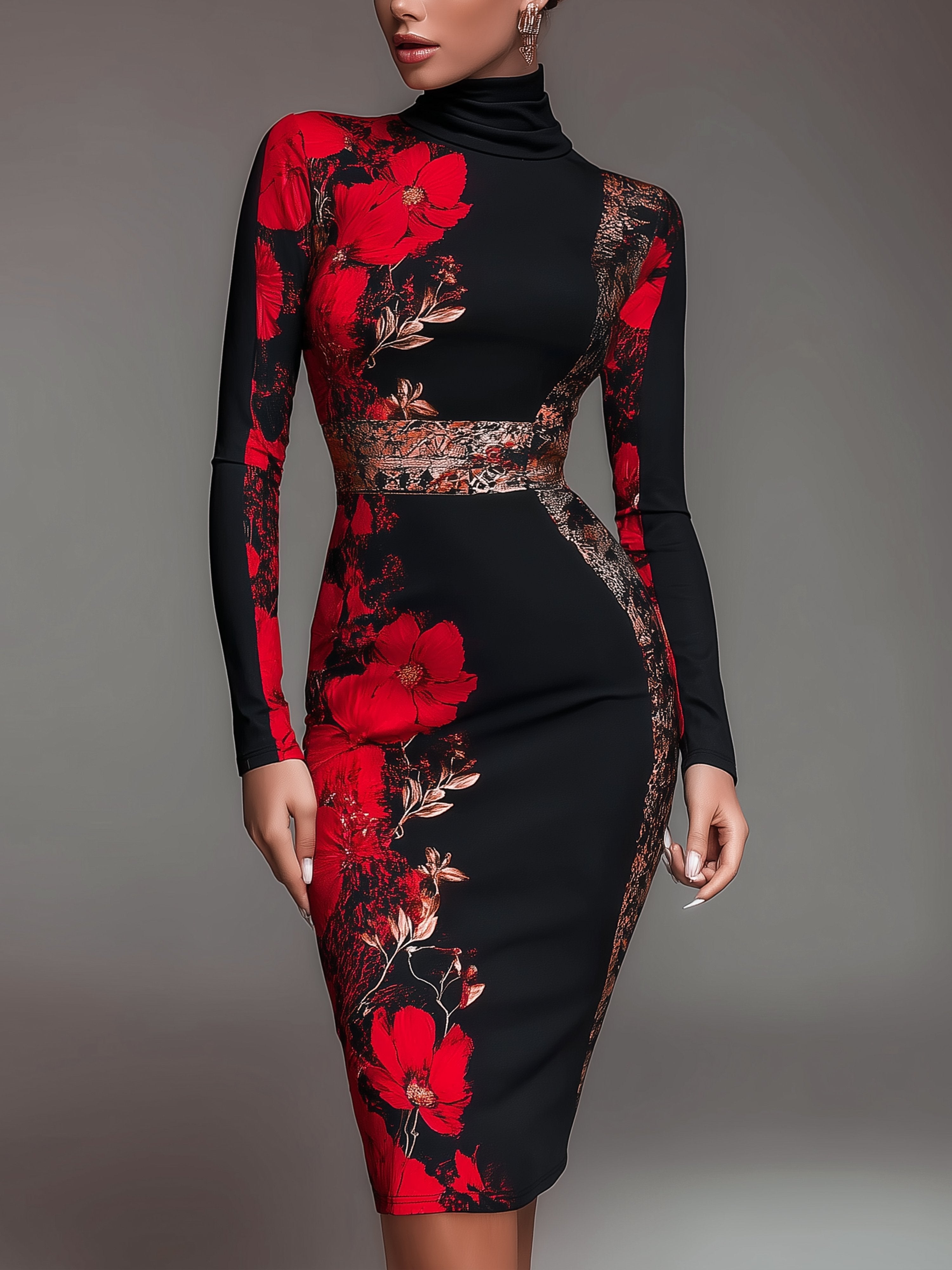 Arvessa™ Stand-Collar Jersey Midi Dress