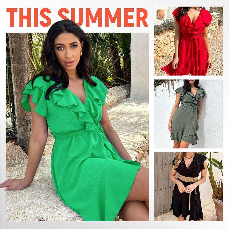 RaffinaLuce Elegant V-Neck Dress with Bow Waist & Ruffles