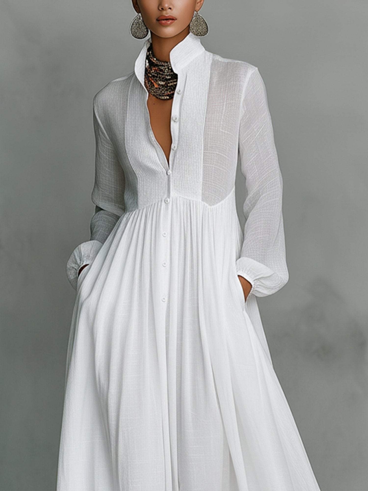 Serona™ Linen Stand-Collar Maxi Dress