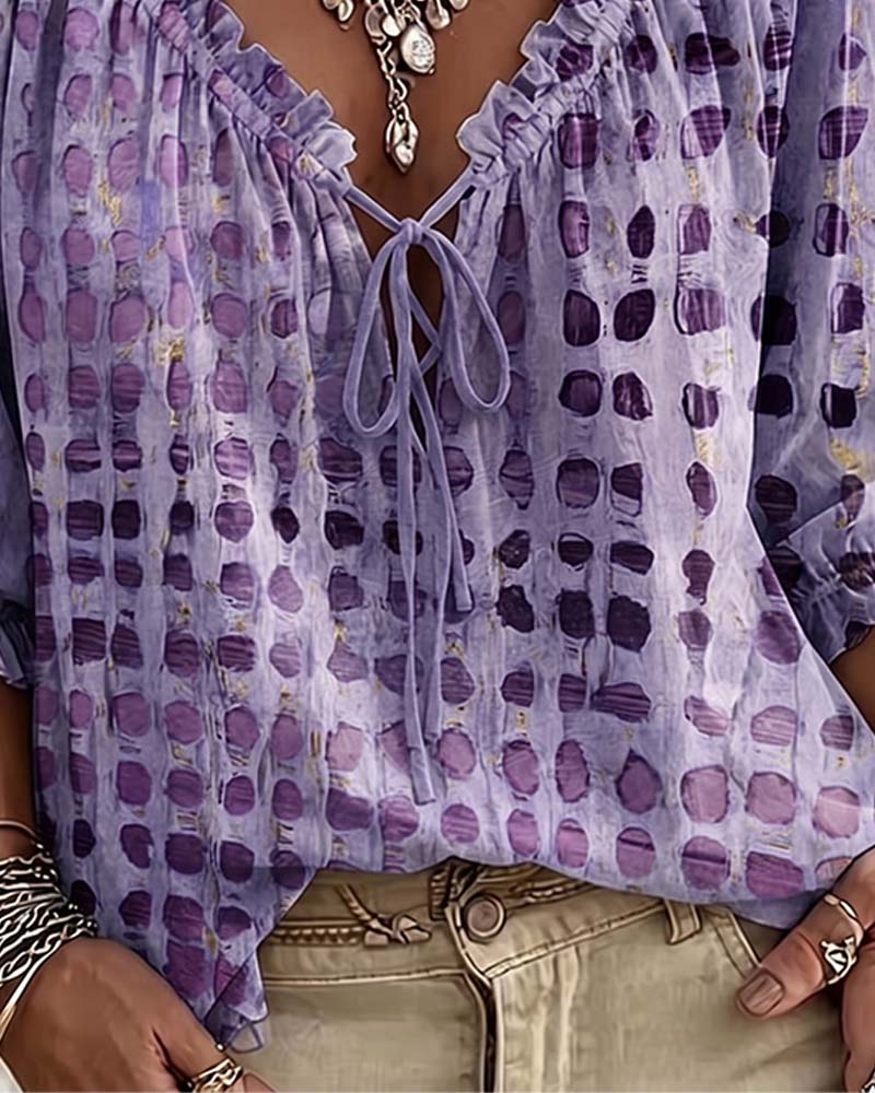 Polka Dot Lace-Up Blouse