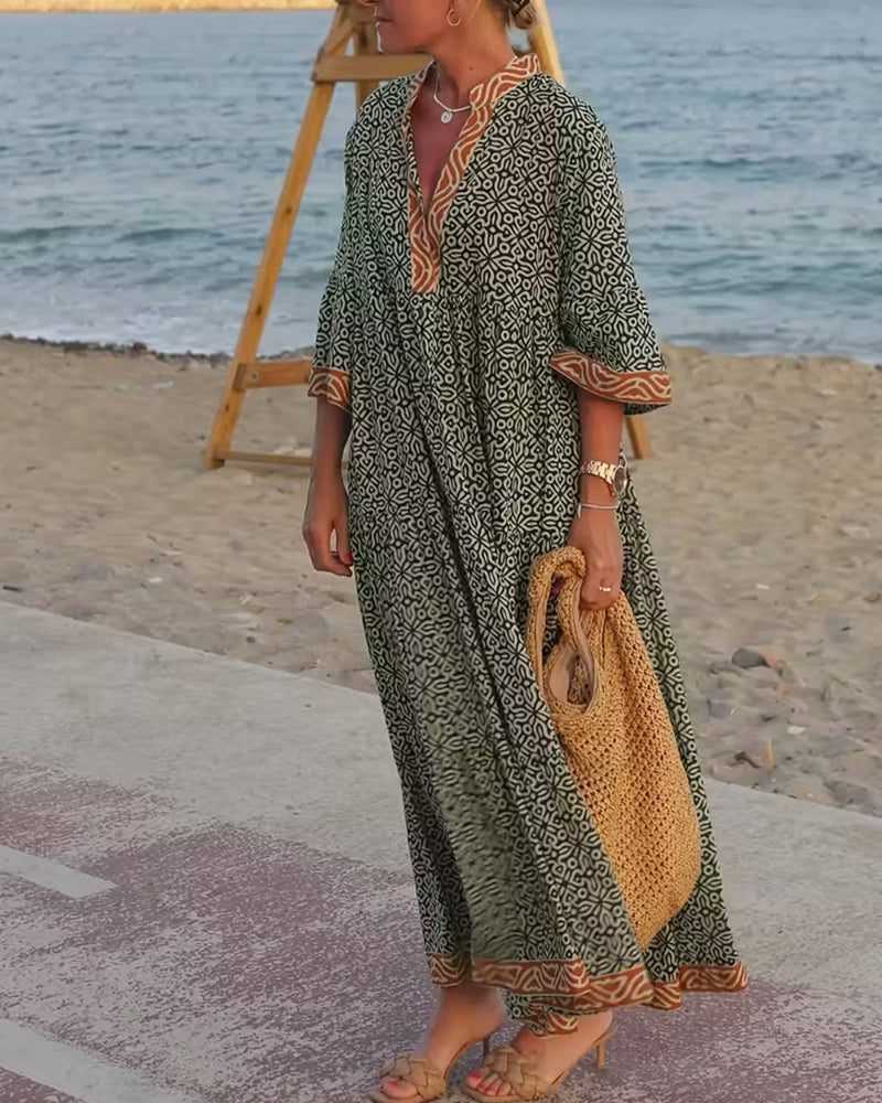 V-Neck Three-Quarter Sleeve Vacation Print Dress 🌴👗✨