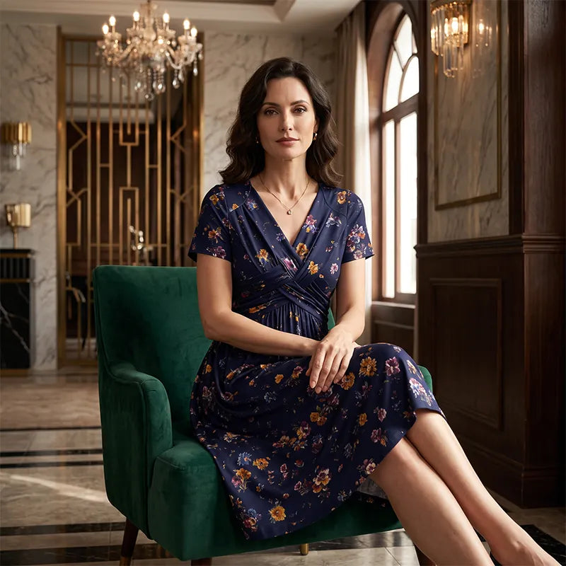 Women's V-Neck Floral Print Dress with a Twisted Waist 🌸👗