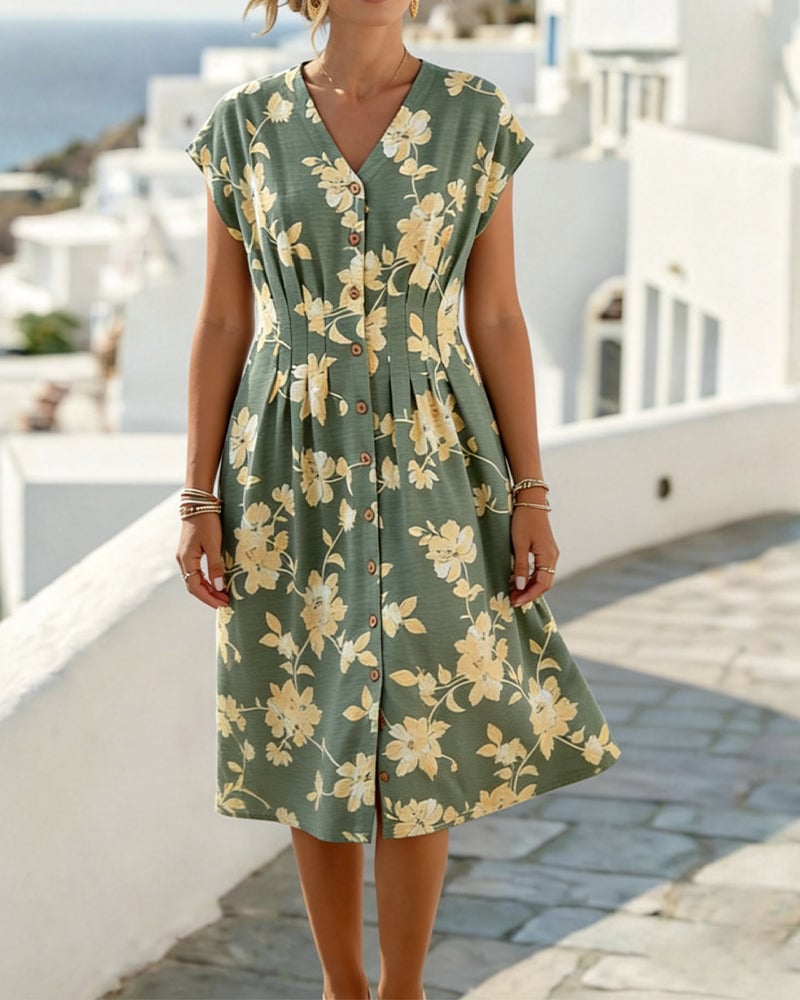 Elvaria™ Printed V-Neck Waist Dress