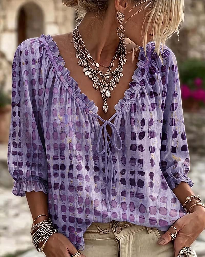 Polka Dot Lace-Up Blouse