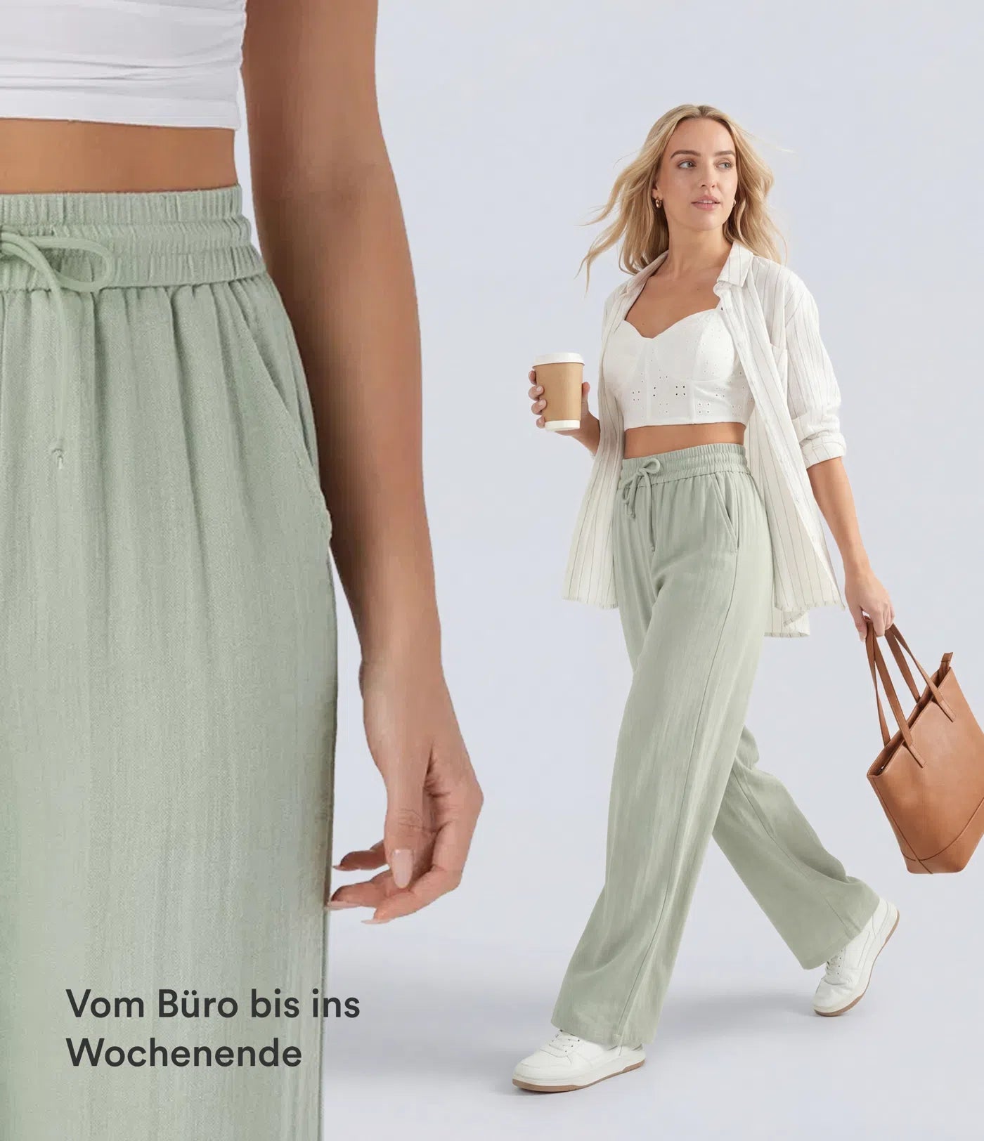 Casual pants with a linen-like feel, high waist, side drawstring, and wide-leg cut.