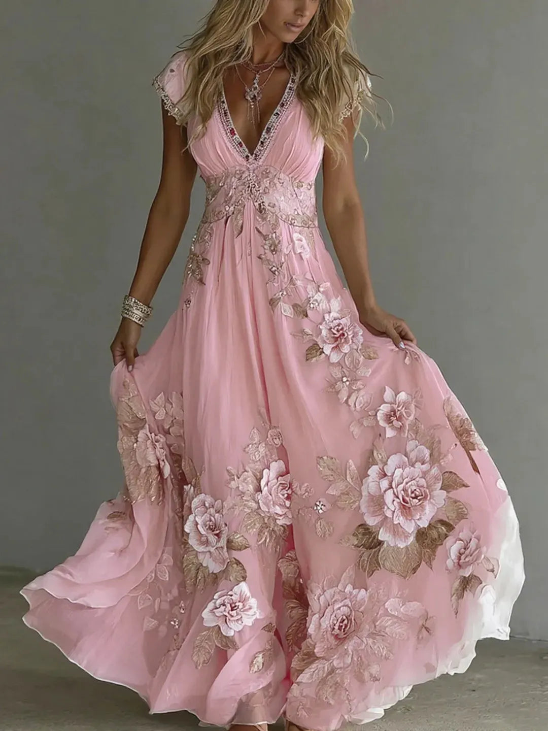 Elegant Women's Deep V-Neck Chiffon Dress with Embroidered Lace ✨👗
