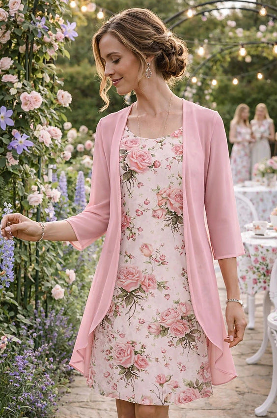Elegant Women's 2-Piece Set – Chiffon Dress & Cardigan ✨👗🧥