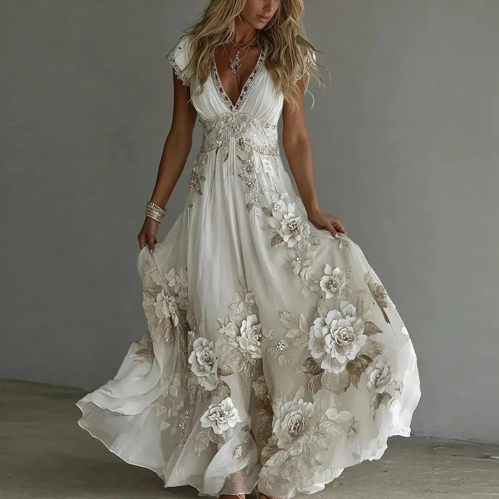 Elegant Women's Deep V-Neck Chiffon Dress with Embroidered Lace ✨👗