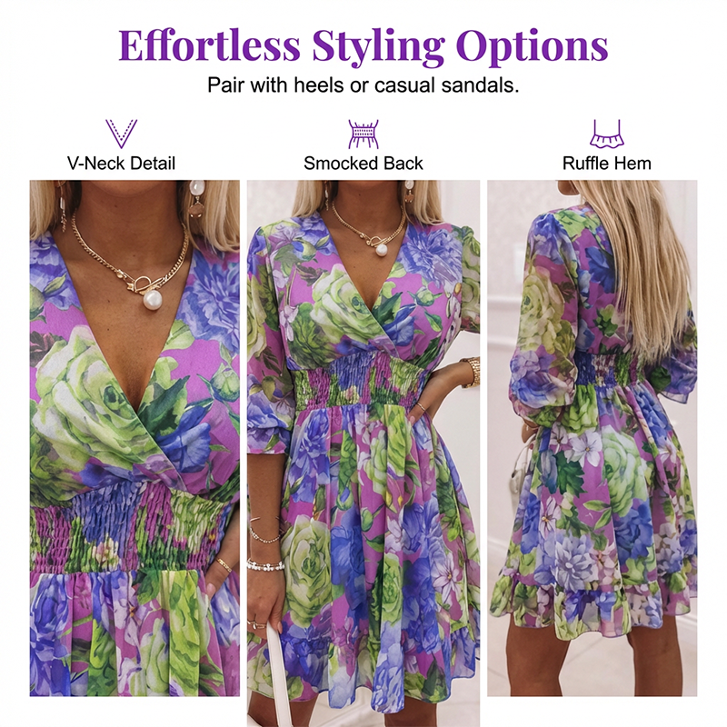 "Elegant Women's A-Line V-Neck Floral Ruffle Hem Dress" 💕🌿✨