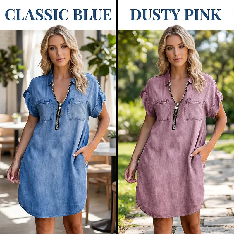 Loose denim shirt dress for women – a dress with a collar, front zipper and pockets