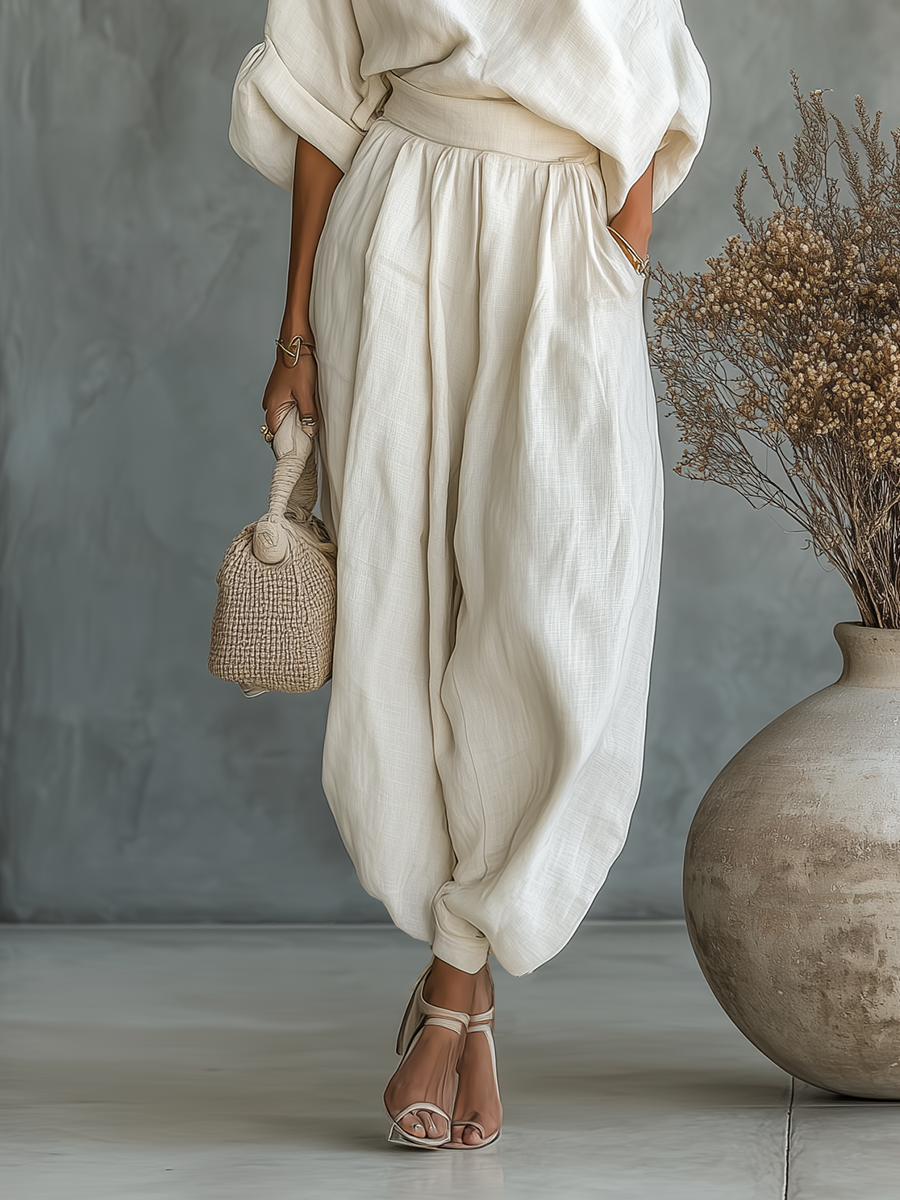 Women's Off-white Linen Off-shoulder Loose Casual Top And Tapered Pants Set MDA2770K8T