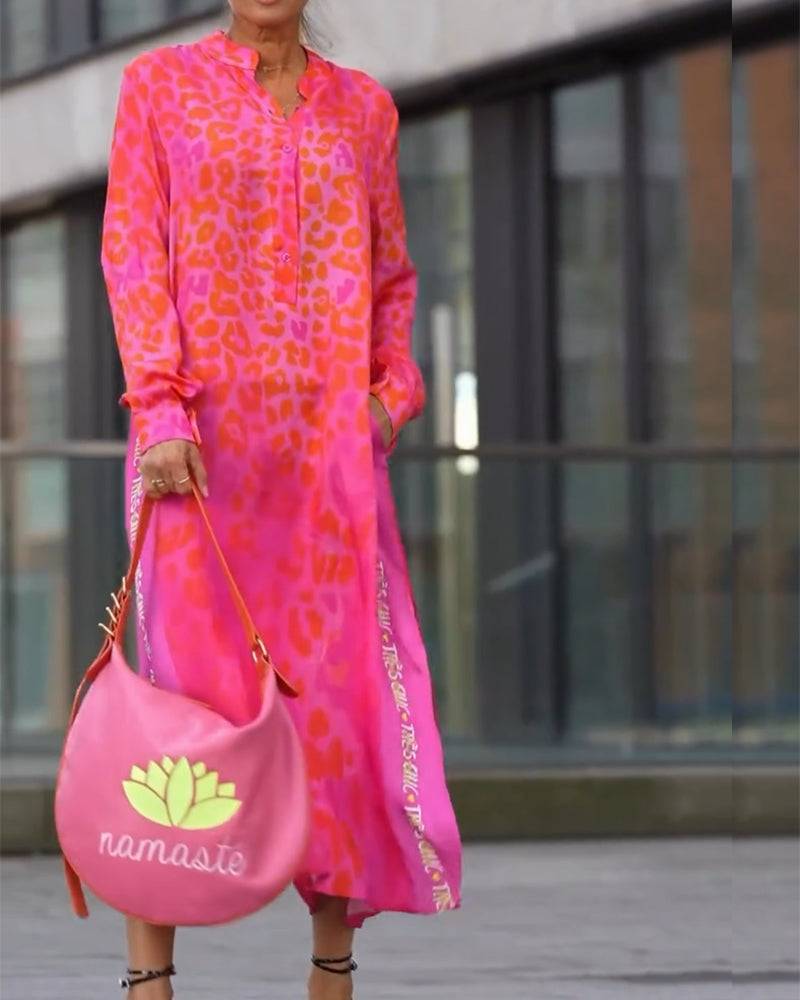 WildMuse™ Leopard Split Long Sleeve Maxi Dress