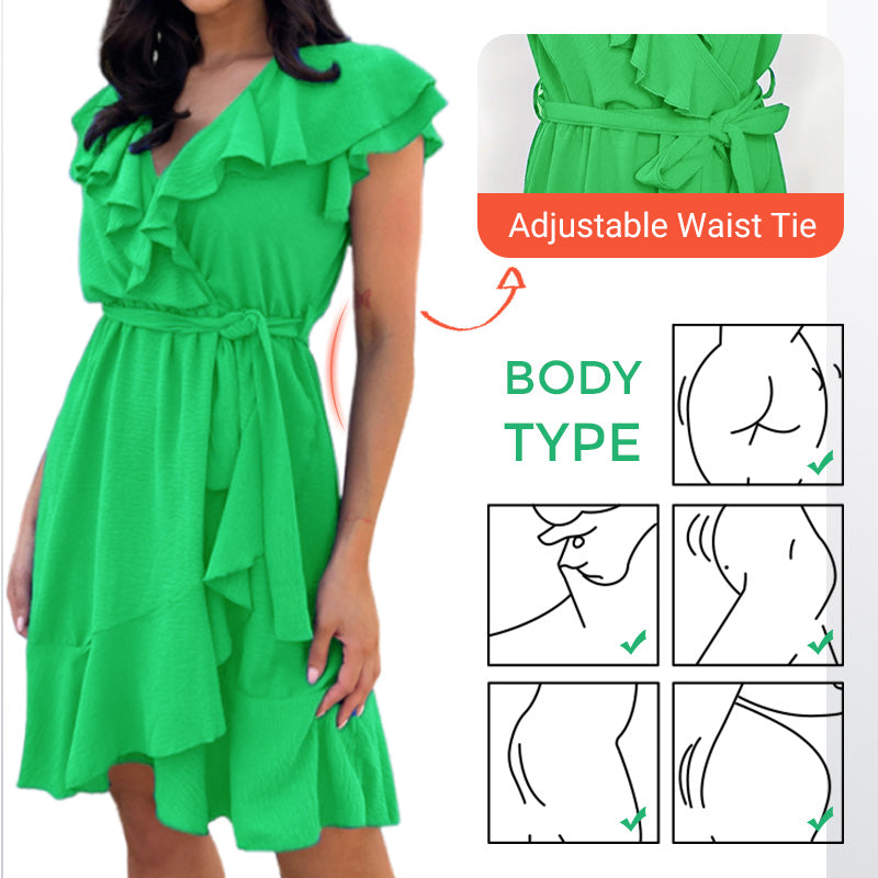 RaffinaLuce Elegant V-Neck Dress with Bow Waist & Ruffles