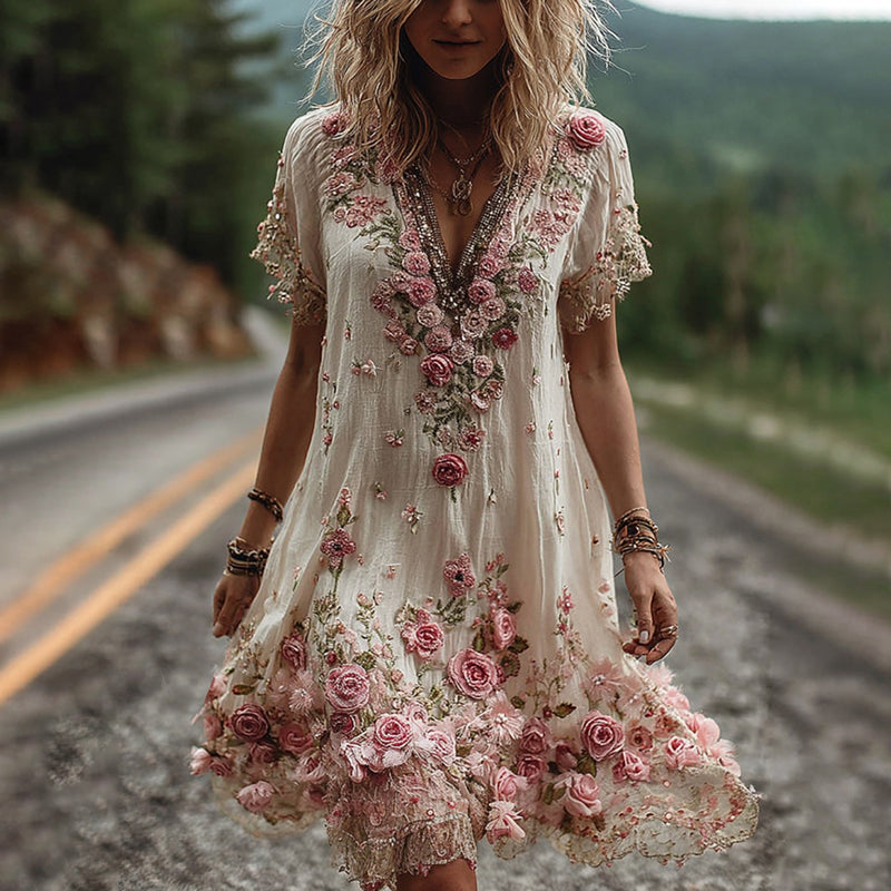 Vintage Floral Embroidered Short Sleeve Dress 🌸👗✨