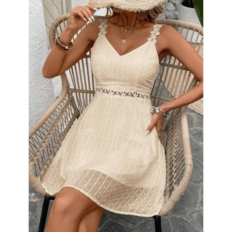 Women's Polka Dot Mini Dress with Lace Straps and Waist Cut-Out 👗✨
