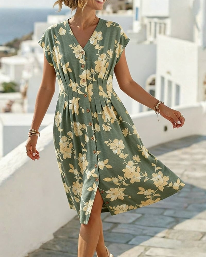 Elvaria™ Printed V-Neck Waist Dress