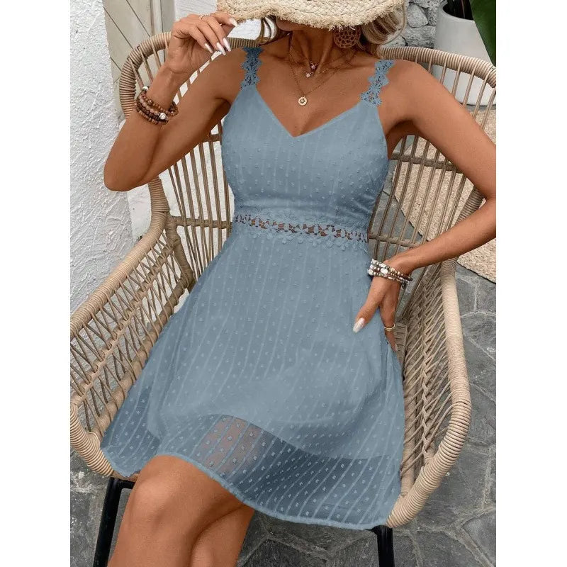 Women's Polka Dot Mini Dress with Lace Straps and Waist Cut-Out 👗✨