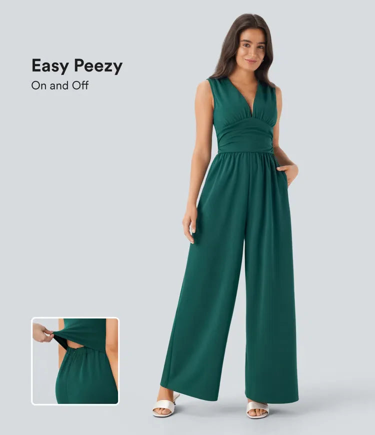 Sleeveless Ruched V-Neck Party Jumpsuit