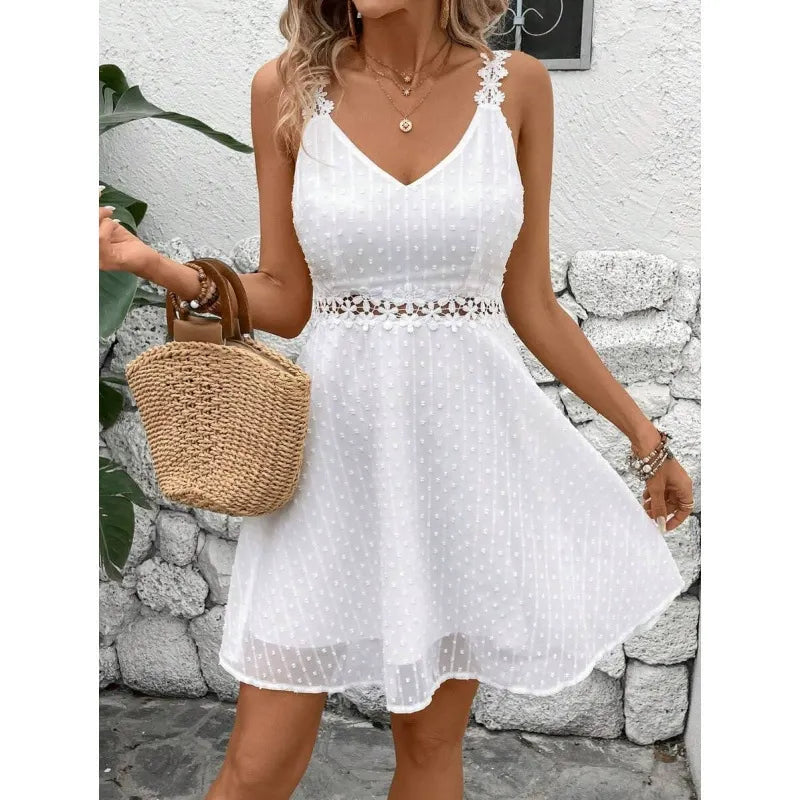 Women's Polka Dot Mini Dress with Lace Straps and Waist Cut-Out 👗✨