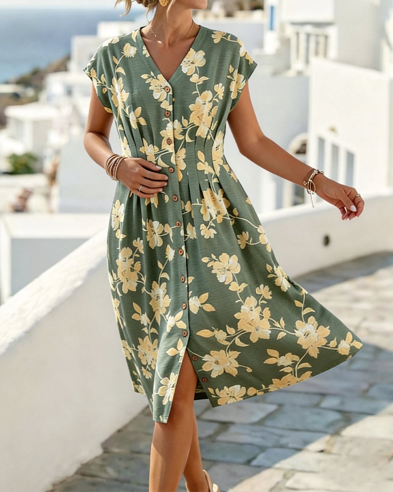 Elvaria™ Printed V-Neck Waist Dress