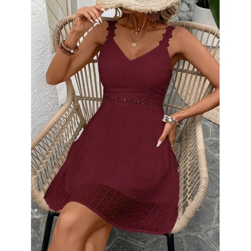 Women's Polka Dot Mini Dress with Lace Straps and Waist Cut-Out 👗✨