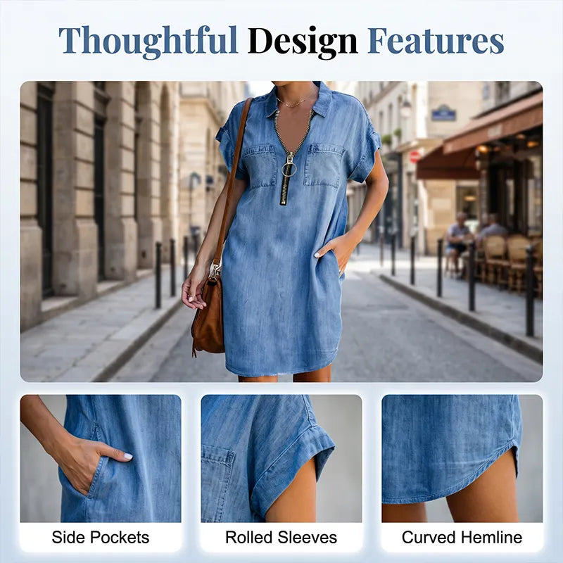 Loose denim shirt dress for women – a dress with a collar, front zipper and pockets