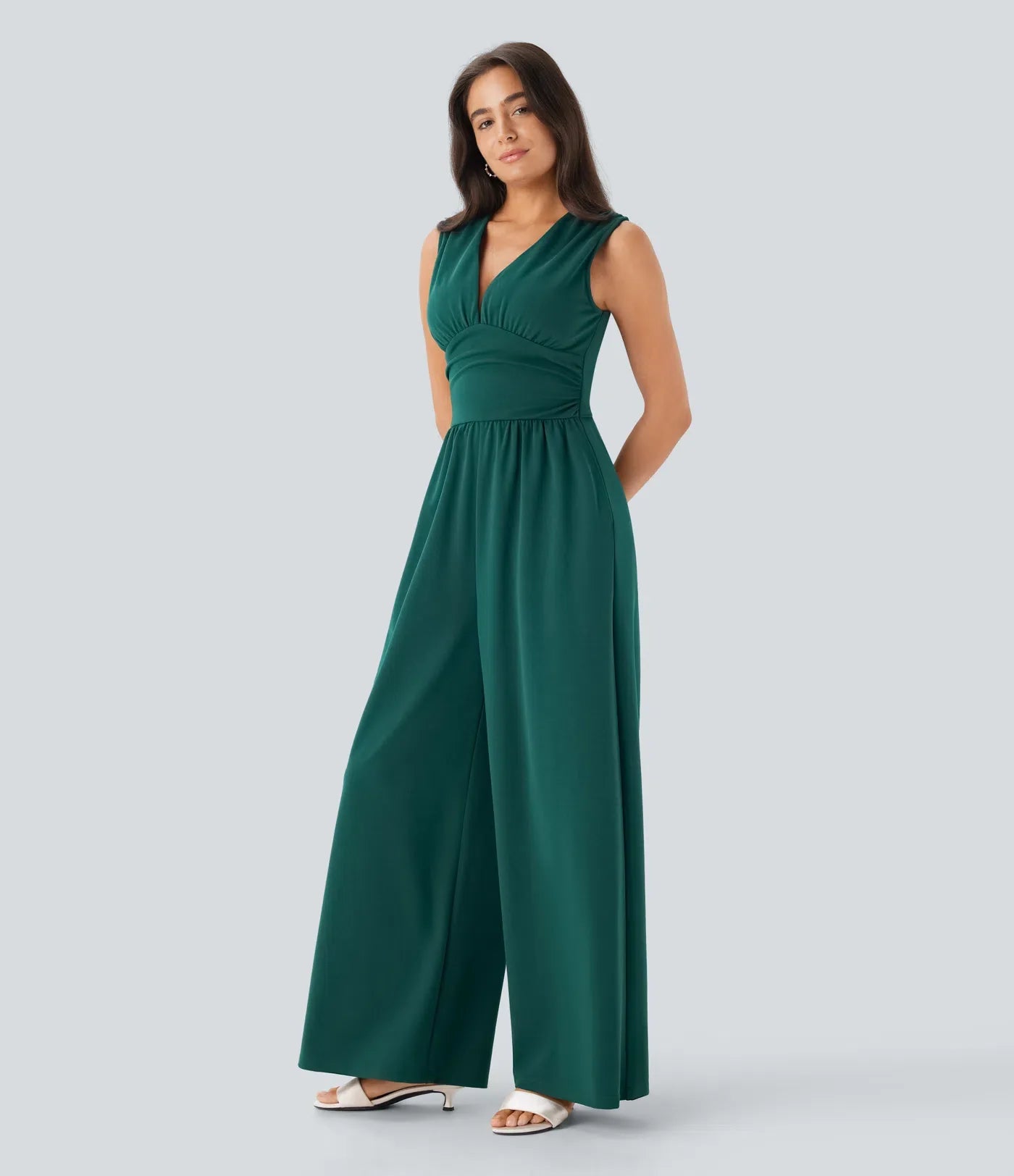 Sleeveless Ruched V-Neck Party Jumpsuit