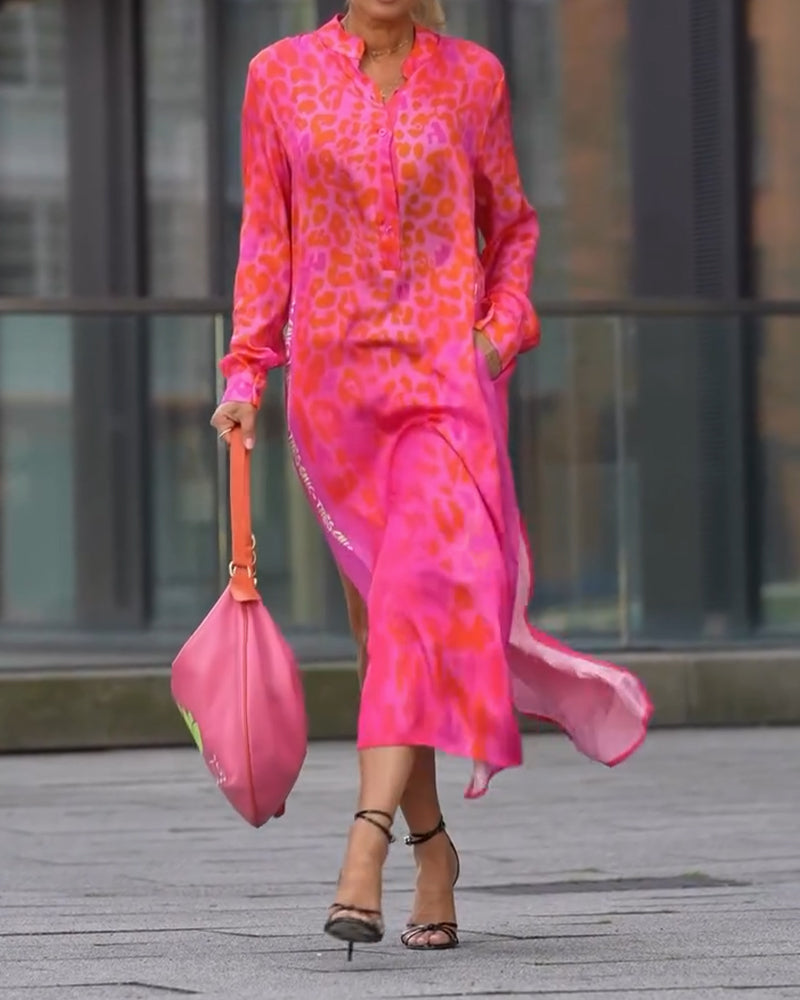 WildMuse™ Leopard Split Long Sleeve Maxi Dress