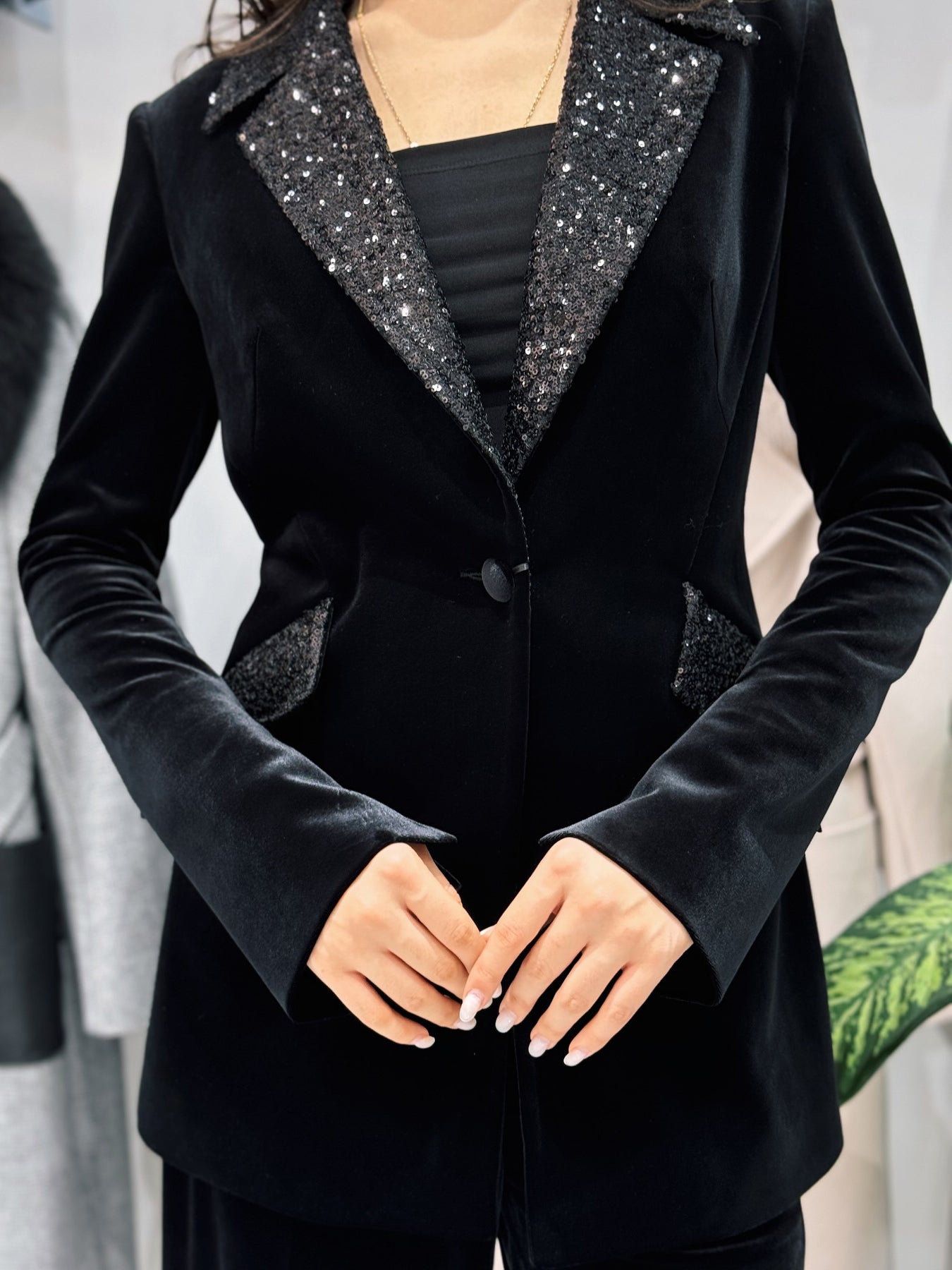 Velvet Sequin Blazer & High-Waist Pants Set