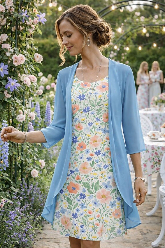 Elegant Women's 2-Piece Set – Chiffon Dress & Cardigan ✨👗🧥