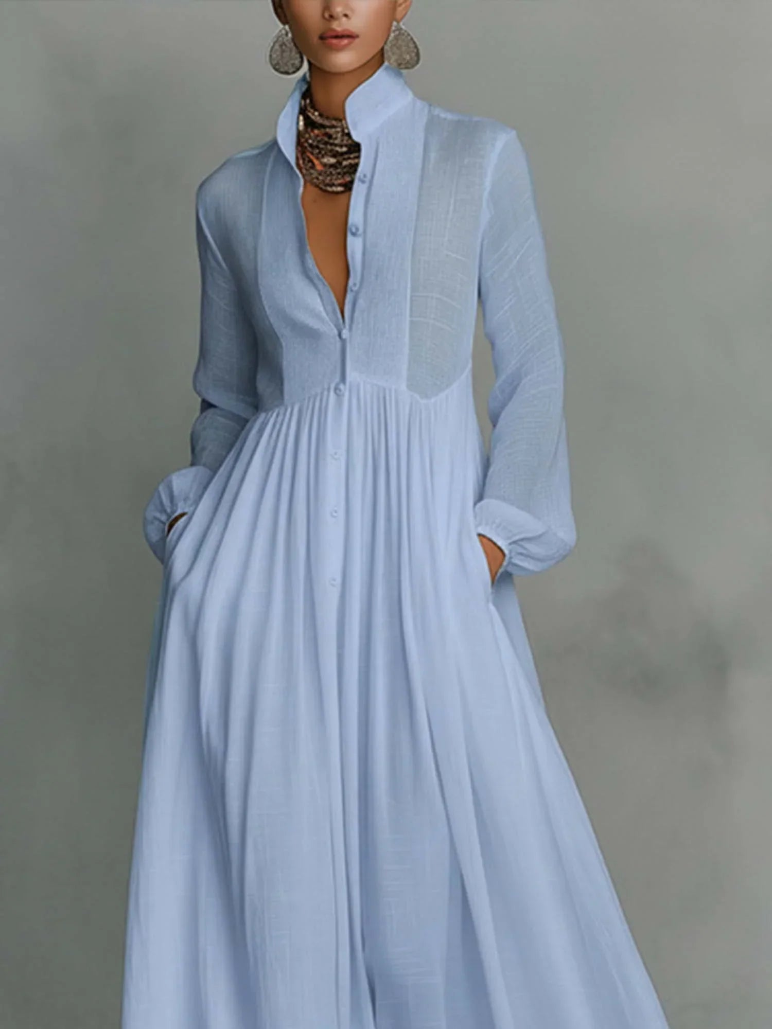 Serona™ Linen Stand-Collar Maxi Dress