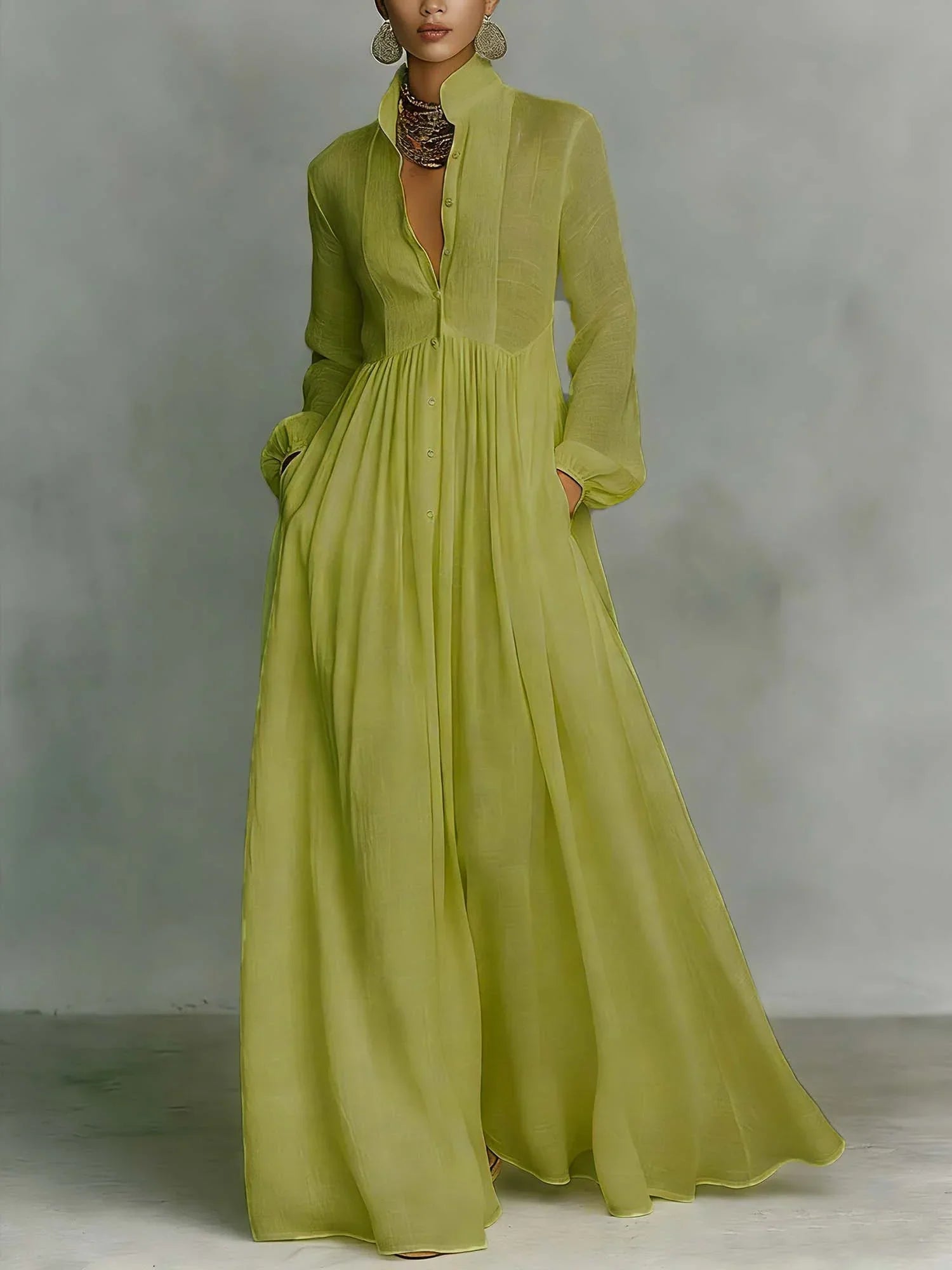 Serona™ Linen Stand-Collar Maxi Dress