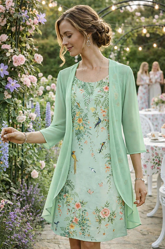 Elegant Women's 2-Piece Set – Chiffon Dress & Cardigan ✨👗🧥