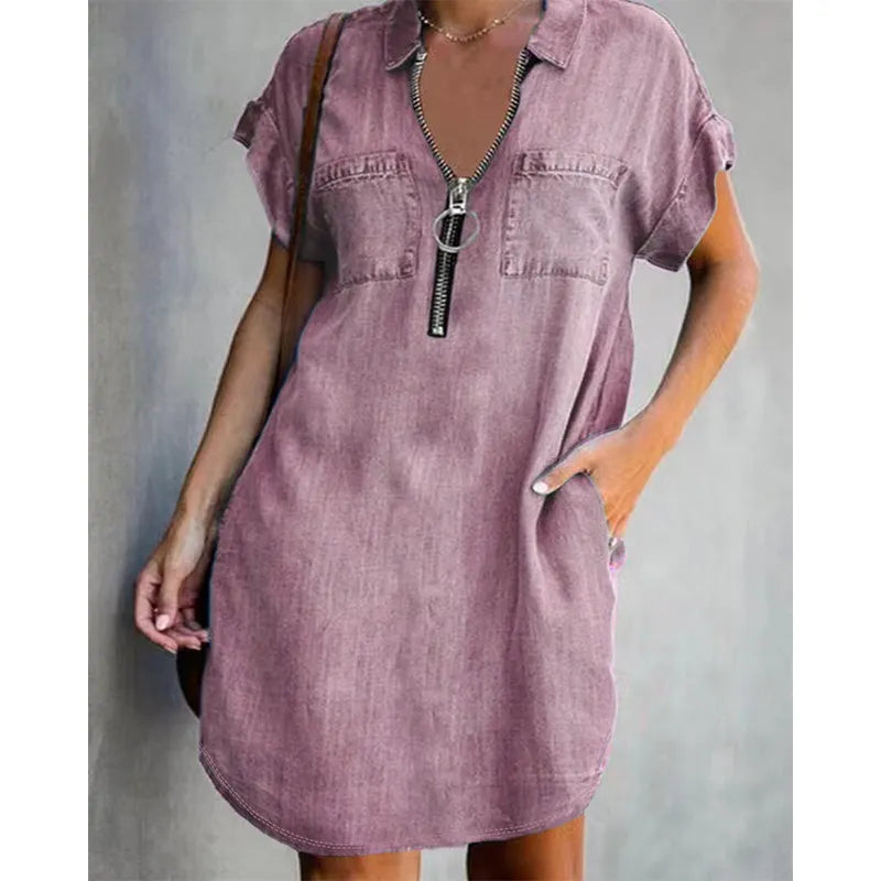 Loose denim shirt dress for women – a dress with a collar, front zipper and pockets