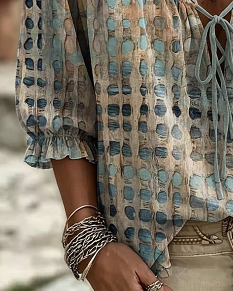 Polka Dot Lace-Up Blouse