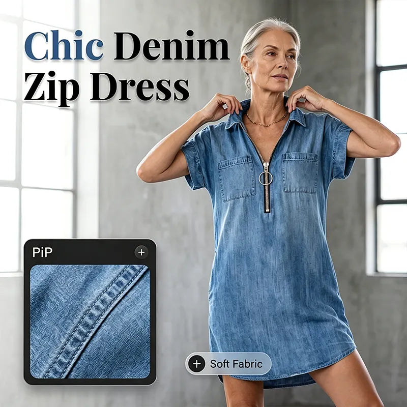 Loose denim shirt dress for women – a dress with a collar, front zipper and pockets
