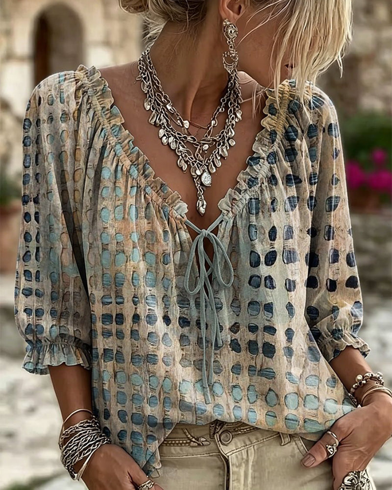 Polka Dot Lace-Up Blouse