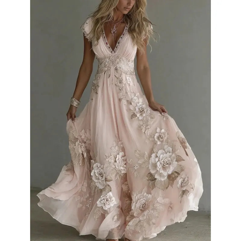 Elegant Women's Deep V-Neck Chiffon Dress with Embroidered Lace ✨👗