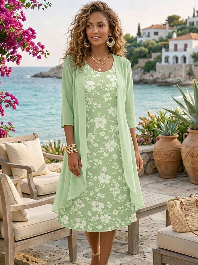 Elegant Women's 2-Piece Set – Chiffon Dress & Cardigan ✨👗🧥