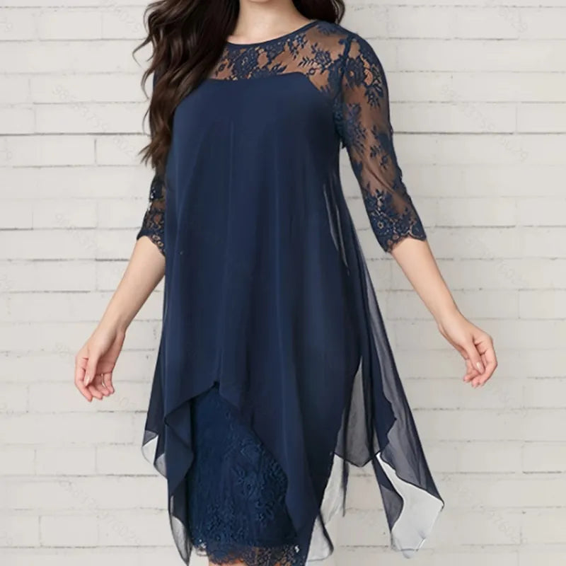 📢📢 50% OFF!! ⏰ 🌺 Elegant Women's Dress with Asymmetrical Hem and Lace Details 👗✨