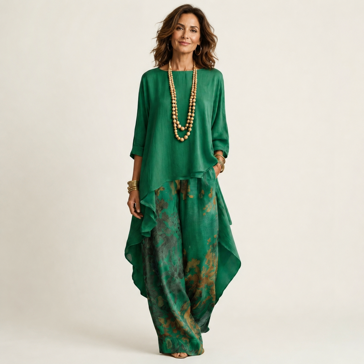 Carola Cotton Silk Asymmetric Tunic & Wide-Leg Pants Set