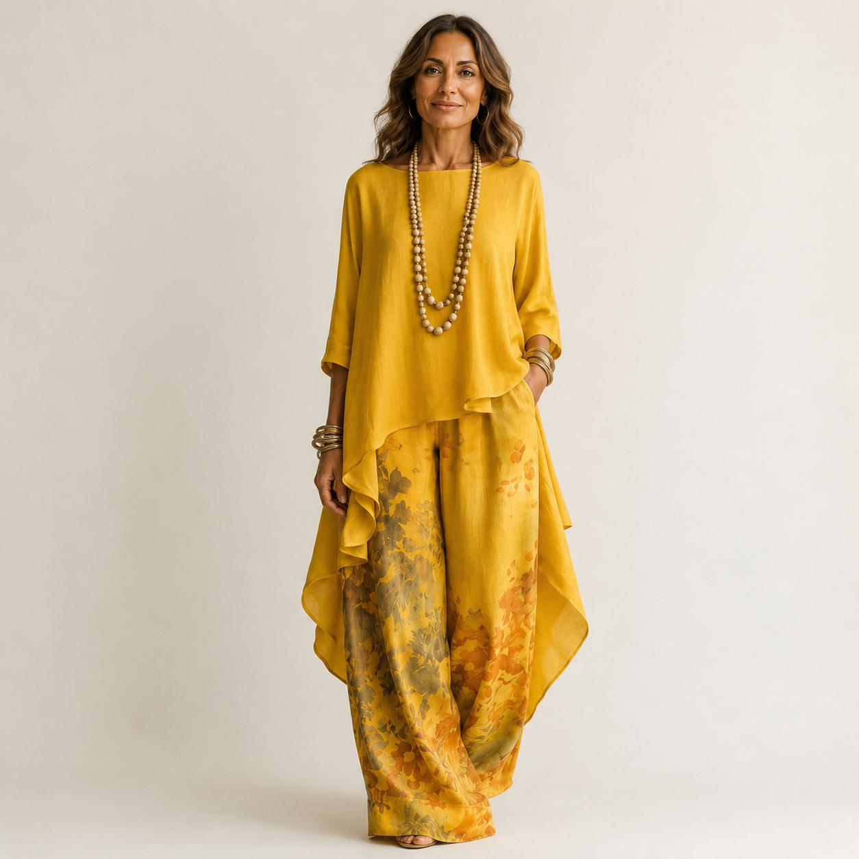 Carola Cotton Silk Asymmetric Tunic & Wide-Leg Pants Set