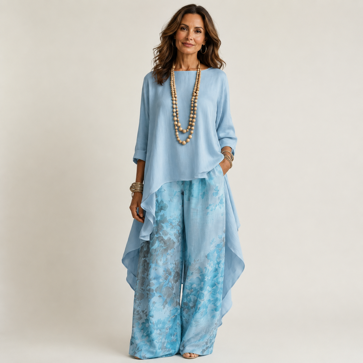 Carola Cotton Silk Asymmetric Tunic & Wide-Leg Pants Set
