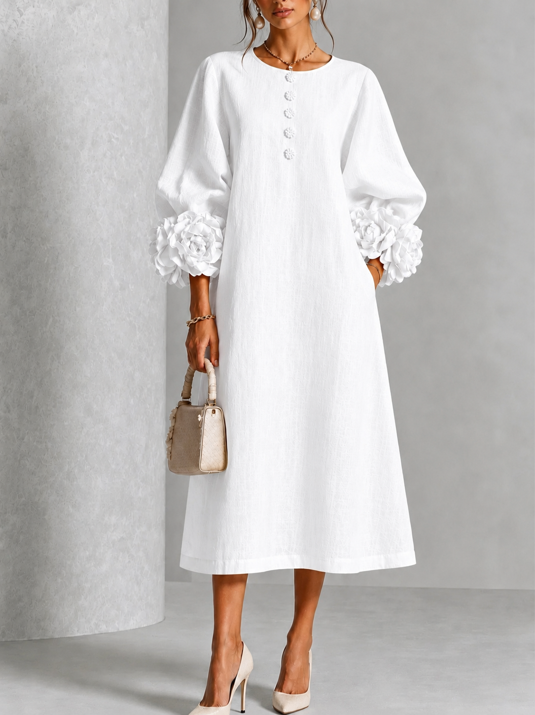 Elzara | Floral Button-down Midi Dress With Striking Floral Cuffs