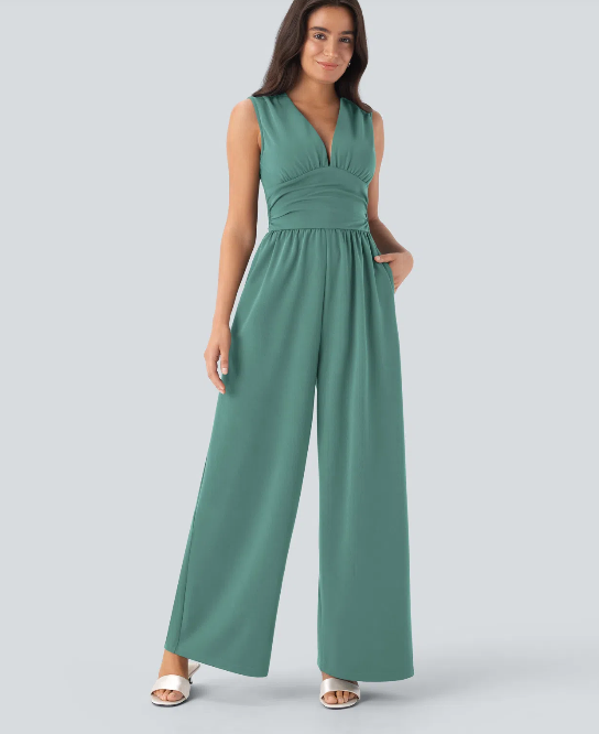 Sleeveless Ruched V-Neck Party Jumpsuit
